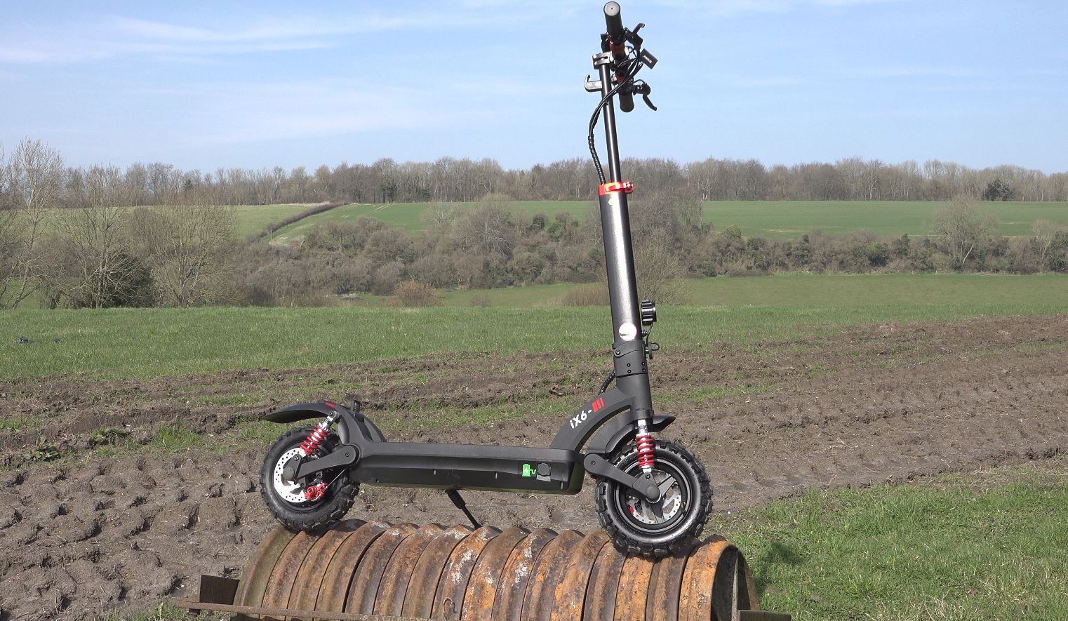 E scooter with English fields in the background