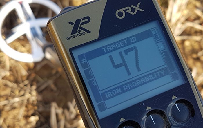 The XP ORX metal detector showing the target screen