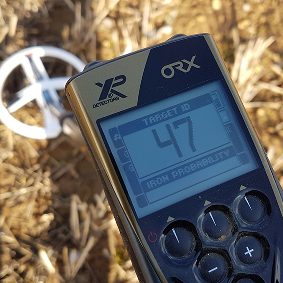 The XP ORX metal detector showing the target screen